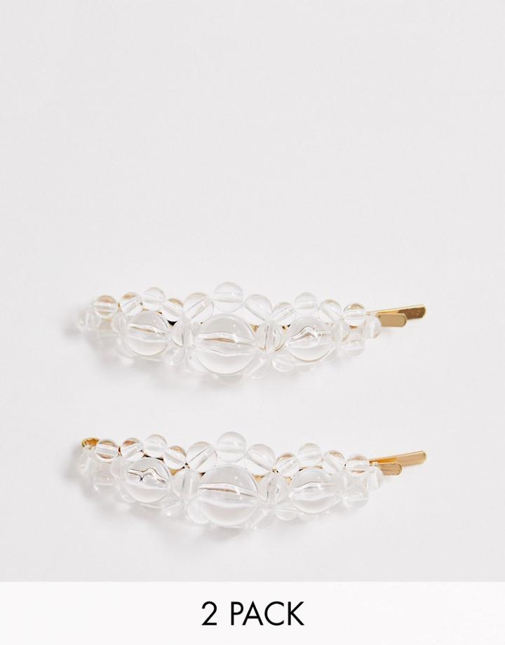 Asos Design Pack Of 2 Hair Clips In Clear Resin Beads - Gold