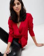 Asos Design Plunge Origami Top - Red