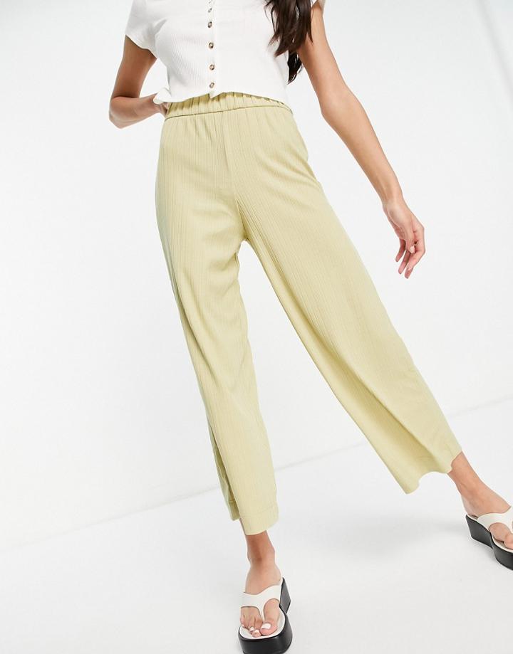 Monki Cilla Coordinating Ribbed Wide Leg Pants In Light Khaki-gold