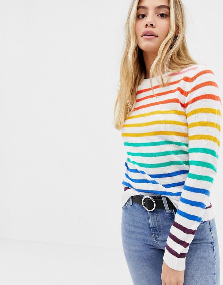 Brave Soul Smartie Sweater In Rainbow Stripe - White