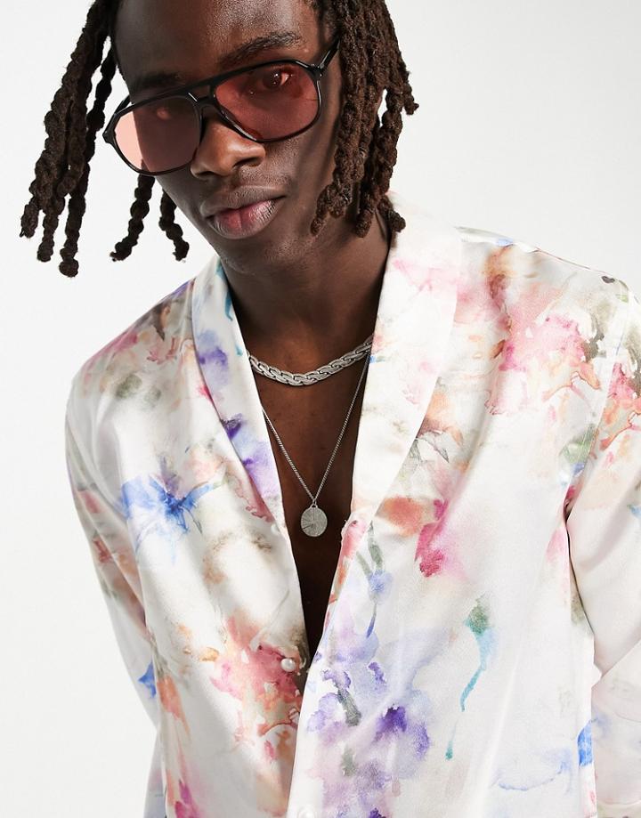Asos Design Regular Fit Satin Shirt With Shawl Collar In Smudge Print-pink