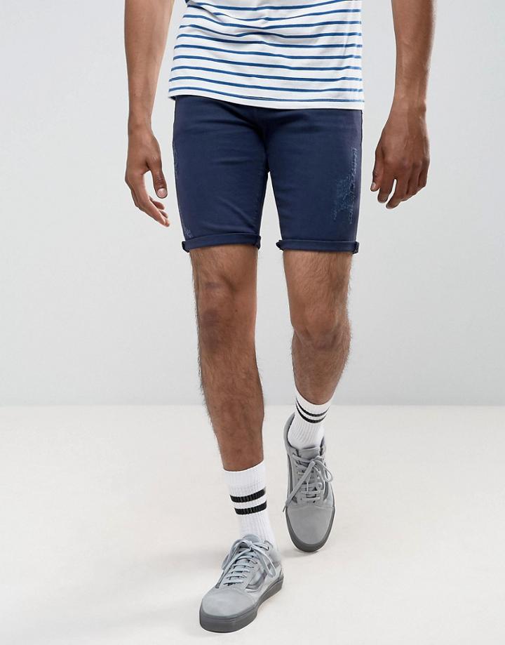 Asos Denim Shorts In Super Skinny Dark Blue With Abrasions - Blue