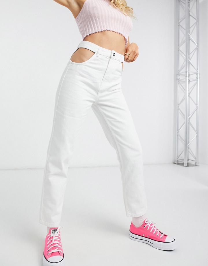 Bershka Pocket Cut Out Straight Jean In White