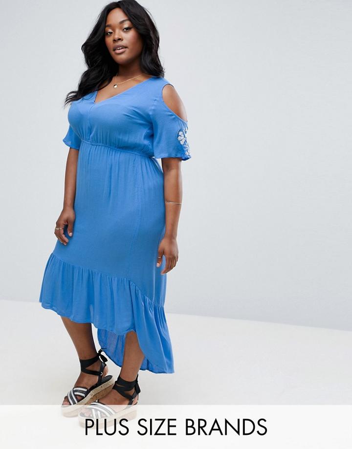 Diya Cold Shoulder Maxi Dress With Sleeve Embroidery - Blue