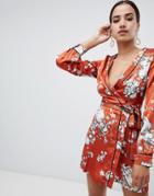 Missguided Floral Satin Kimono Sleeve Mini Dress - Orange