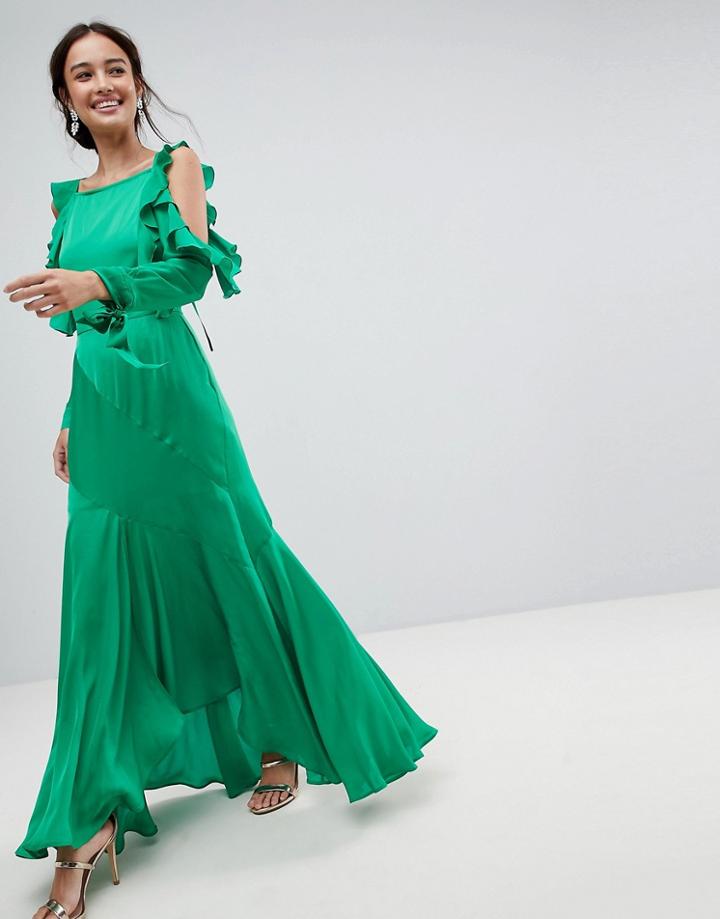 Asos Ruffle Sleeve Maxi Dress With Cold Shoulder - Green