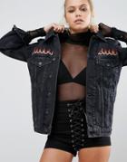 The Ragged Priest Oversize Denim Jacket With Flame Patches - Black