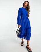 Vila Long Sleeve V Neck Shirt Dress With Ruffle Collar In Royal Blue-white