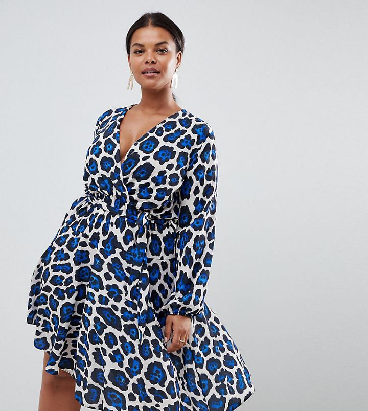 John Zack Plus Long Sleeve Wrap Tie Waist Dress In Leopard - Multi