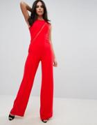 Forever Unique Tailored Flared Jumpsuit With Mesh Detail - Red