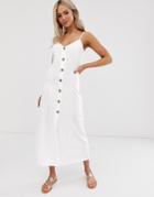 Asos Design Maxi Slubby Cami Swing Dress With Faux Wood Buttons-white