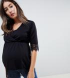 Asos Design Maternity Nursing Wrap Top With Lace Trim Hem And Cuff-black