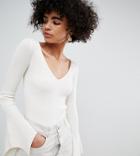 River Island V Neck Fine Knit Sweater With Flared Sleeves In Cream - Cream