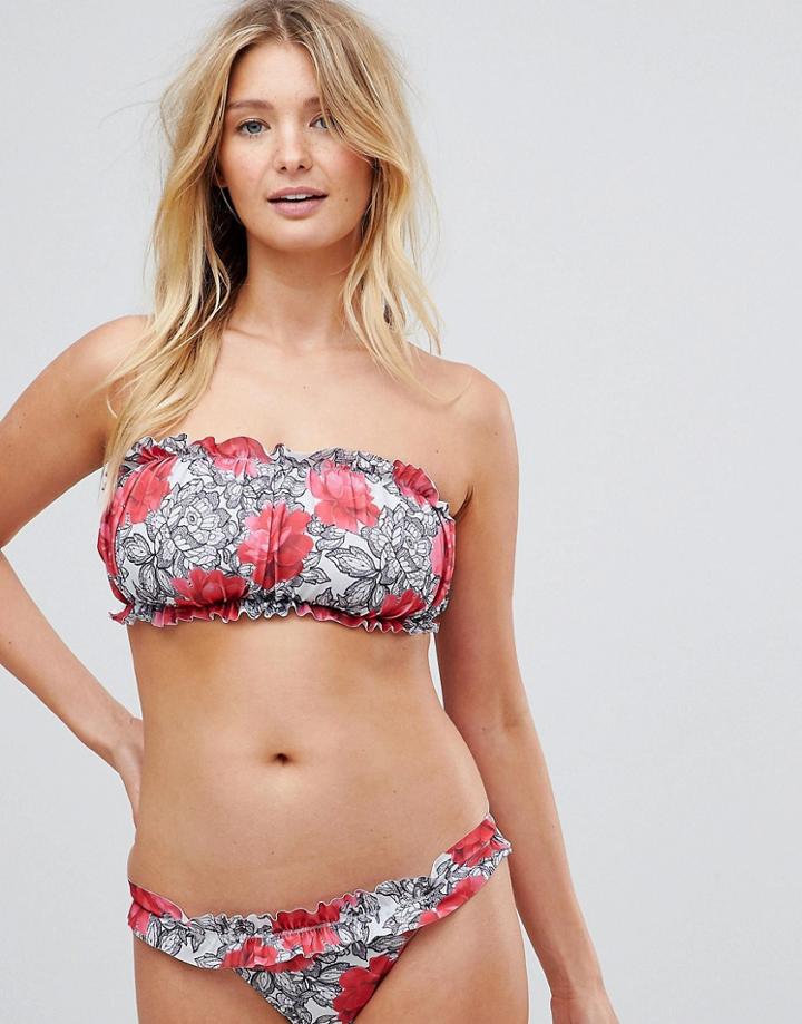 Asos Fuller Bust Mono Lace Rose Print Ruched Bandeau Bikini Top With Inner Support Dd-g - Multi
