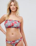 Asos Fuller Bust Mono Lace Rose Print Ruched Bandeau Bikini Top With Inner Support Dd-g - Multi