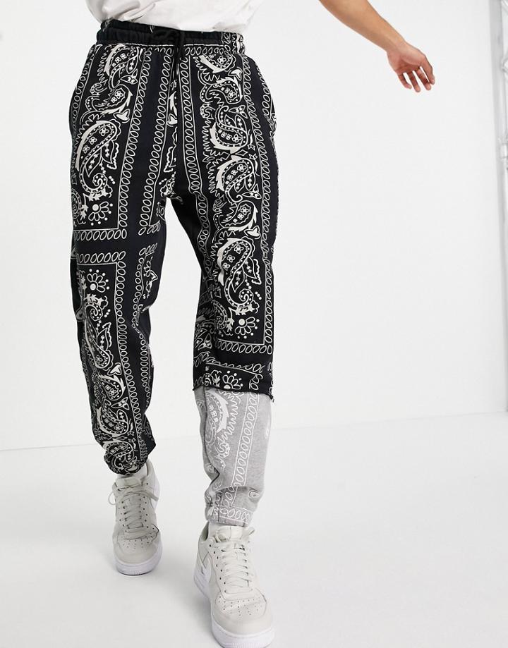 Liquor N Poker Spliced Sweatpants In Black And Gray Bandana Print-blues