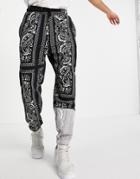 Liquor N Poker Spliced Sweatpants In Black And Gray Bandana Print-blues