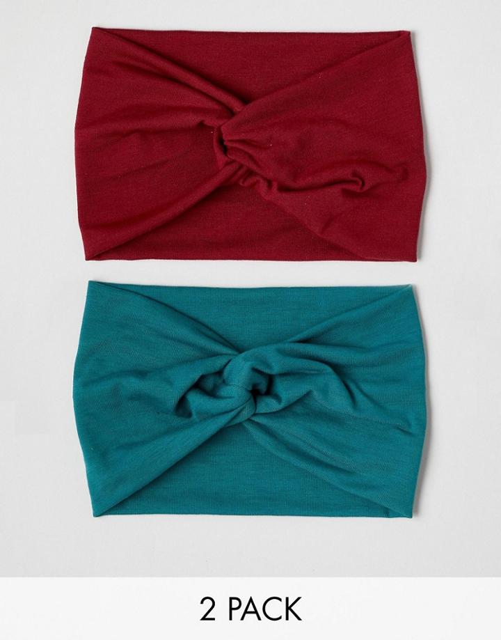Asos Design Pack Of 2 Twist Front Headbands In Burgundy And Teal - Multi