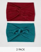 Asos Design Pack Of 2 Twist Front Headbands In Burgundy And Teal - Multi