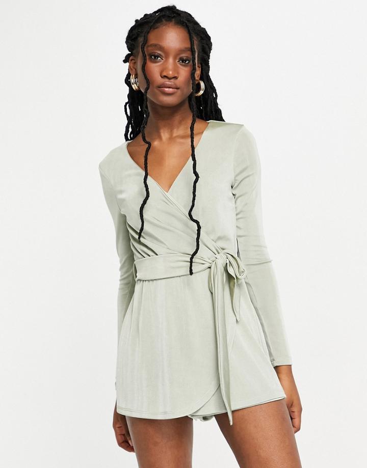 Miss Selfridge Long Sleeve Slinky Wrap Romper In Sage-green