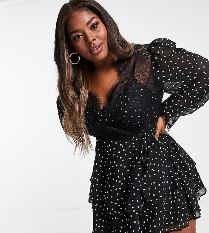 Asos Design Curve Soft Mini Skater Dress In Polka Dot With Eyelash Lace Details-multi