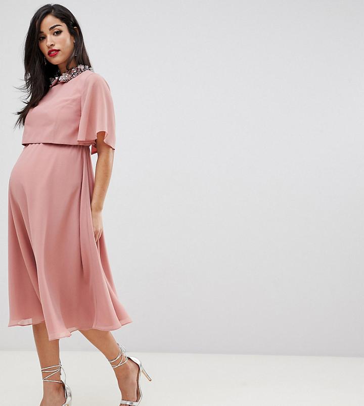 Asos Design Maternity Midi Dress With Crop Top And 3d Embellished Collar-pink