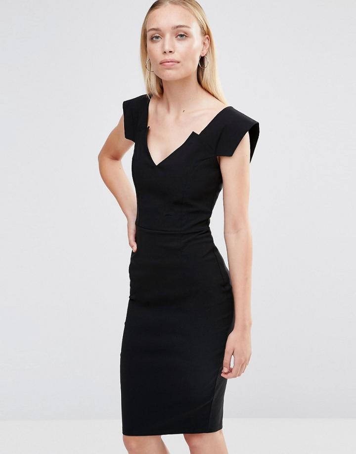 City Goddess V Neck Pencil Midi Dress - Black