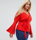 Missguided Plus Tie Side Flare Sleeve Blouse - Red