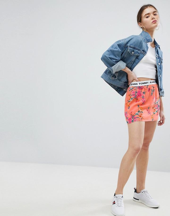 Tommy Jeans Floral Skirt With Logo Waistband - Pink