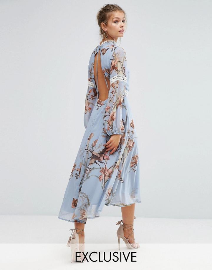 Hope & Ivy Printed Open Back Midi Dress With Lace Inserts - Multi