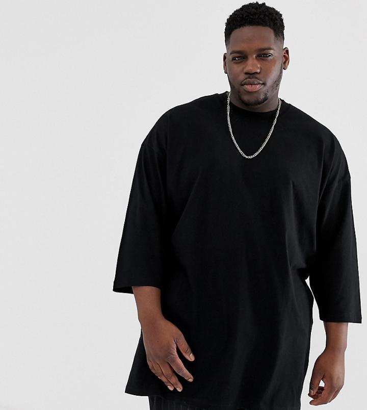 Asos Design Plus Oversized Super Longline T-shirt With 3/4 Sleeve In Black