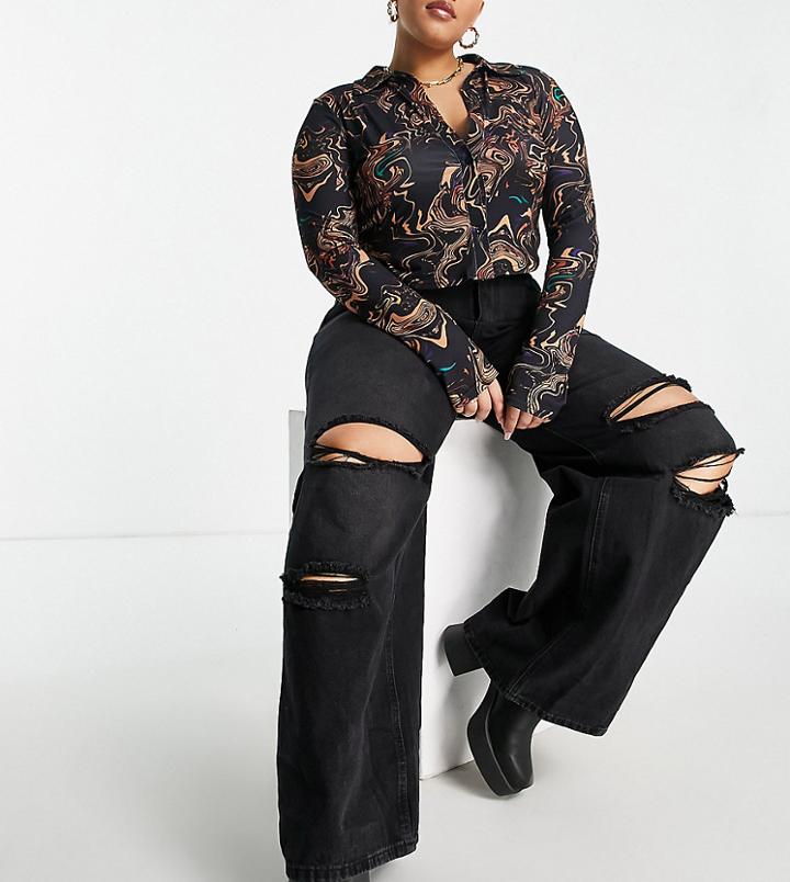 Missguided Plus Ripped Wide Leg Jeans In Black