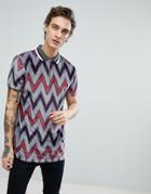 Asos Longline Retro Chevron Stripe Polo With Zip Neck In Velour - Blue