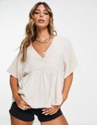 Asos Design Wrap Top With Angel Sleeve & Peplum Hem In Natural-neutral