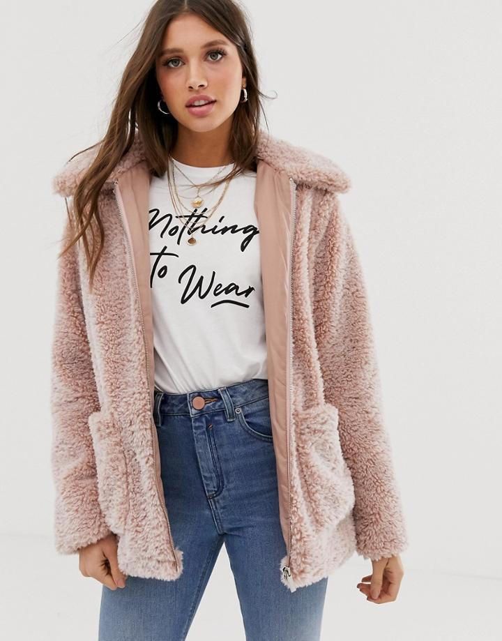 New Look Borg Coat In Pink