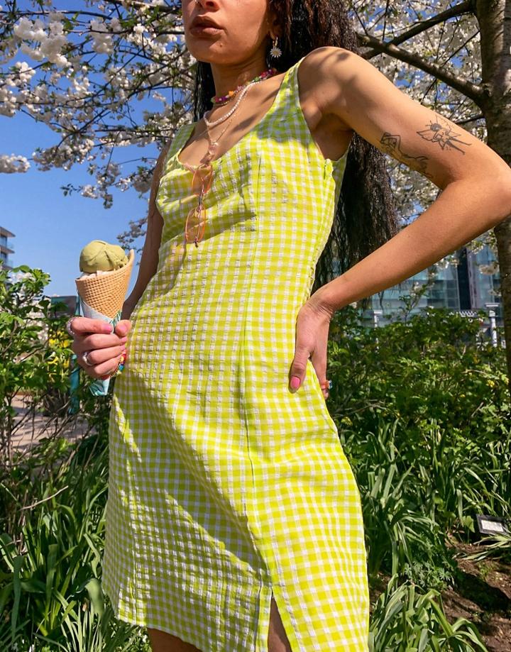 Urban Threads Scoop Neck Mini Dress Set In Lime Gingham-green