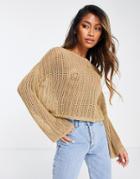 Asos Design Sweater With Open Stitch In Camel-neutral