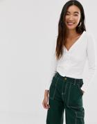 Monki Cropped Rib Buttoned Top In White - White