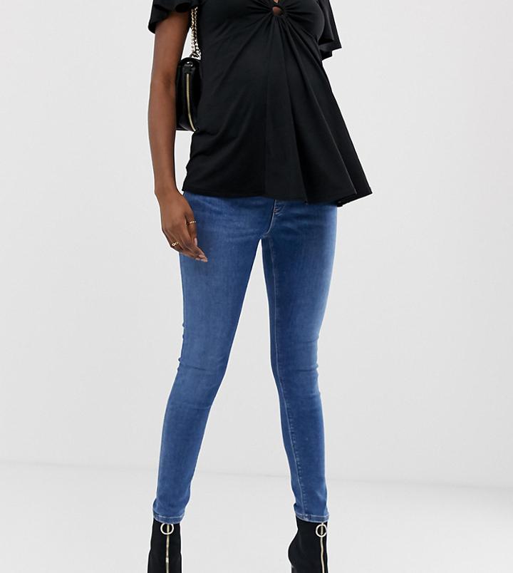 Asos Design Maternity Ridley High Waist Skinny Jeans In Mid Wash Blue With Over The Bump Band - Blue