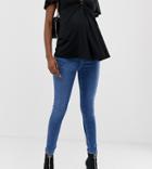 Asos Design Maternity Ridley High Waist Skinny Jeans In Mid Wash Blue With Over The Bump Band - Blue