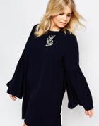 Alice & You Tie Back Dress With Frill Sleeves - Navy
