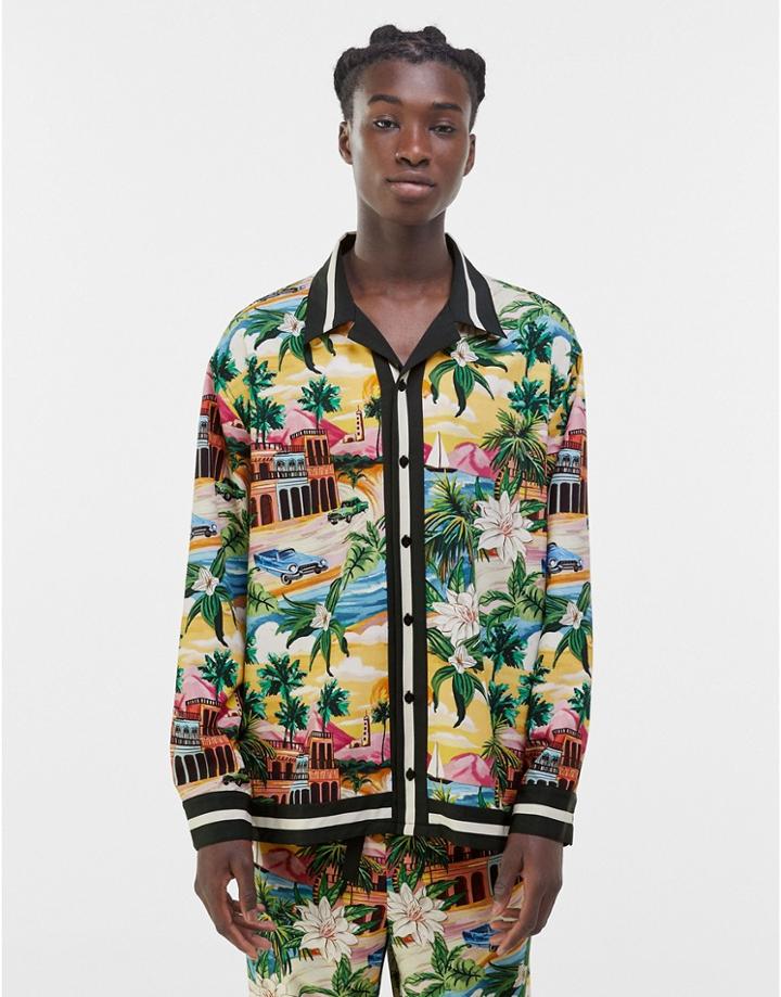 Bershka Printed Long Sleeve Shirt Set In Green