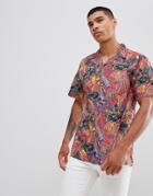Pull & Bear Floral Shirt With Revere Collar In Pink - Pink