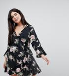 Influence Plus Floral And Bird Print Ruffle Detail Wrap Dress - Black