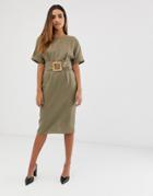 Asos Design Midi Wiggle Dress In Linen With Buckle Belt - Green