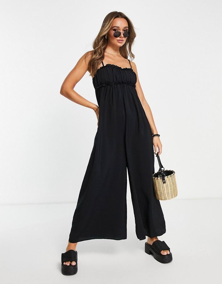 Topshop Frill Gathered Jumpsuit In Black
