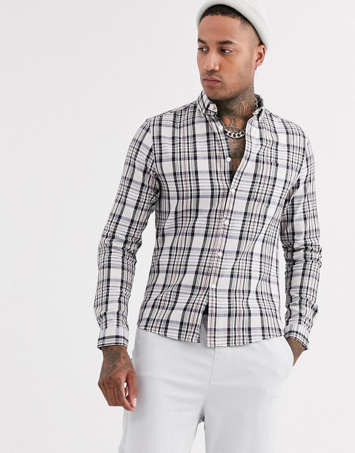 Asos Design Slim Check Shirt In Ecru - White