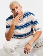 Asos Design Oversized Stripe T-shirt With Front City Embroidery-pink
