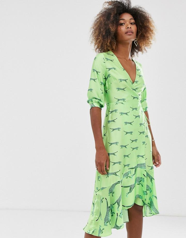 Liquorish Satin Wrap Midi Dress In Fluro Green Tiger Print