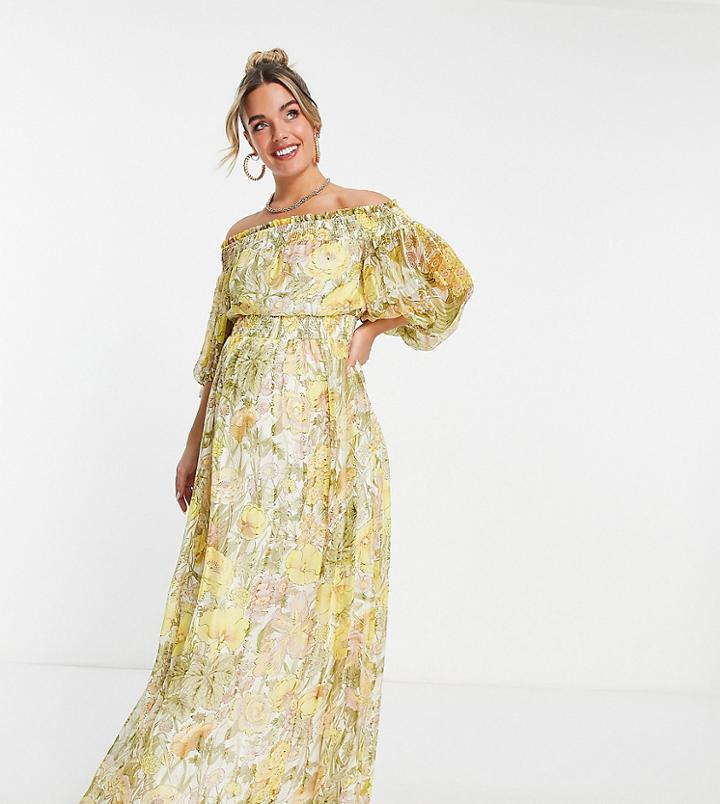 Asos Design Maternity Off Shoulder Maxi Dress With Blouson Sleeve In Self Stripe In Meadow Floral-yellow